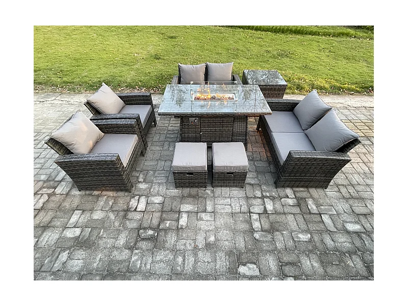 Polyrattan Gartenmöbel Set 8-Sitzer Gas Feuerstelle Esstisch Heater Set mit Doppelsitz-Sofa Beistelltische 2 Kleiner Fußhocker Dunkelgrau Gemischt