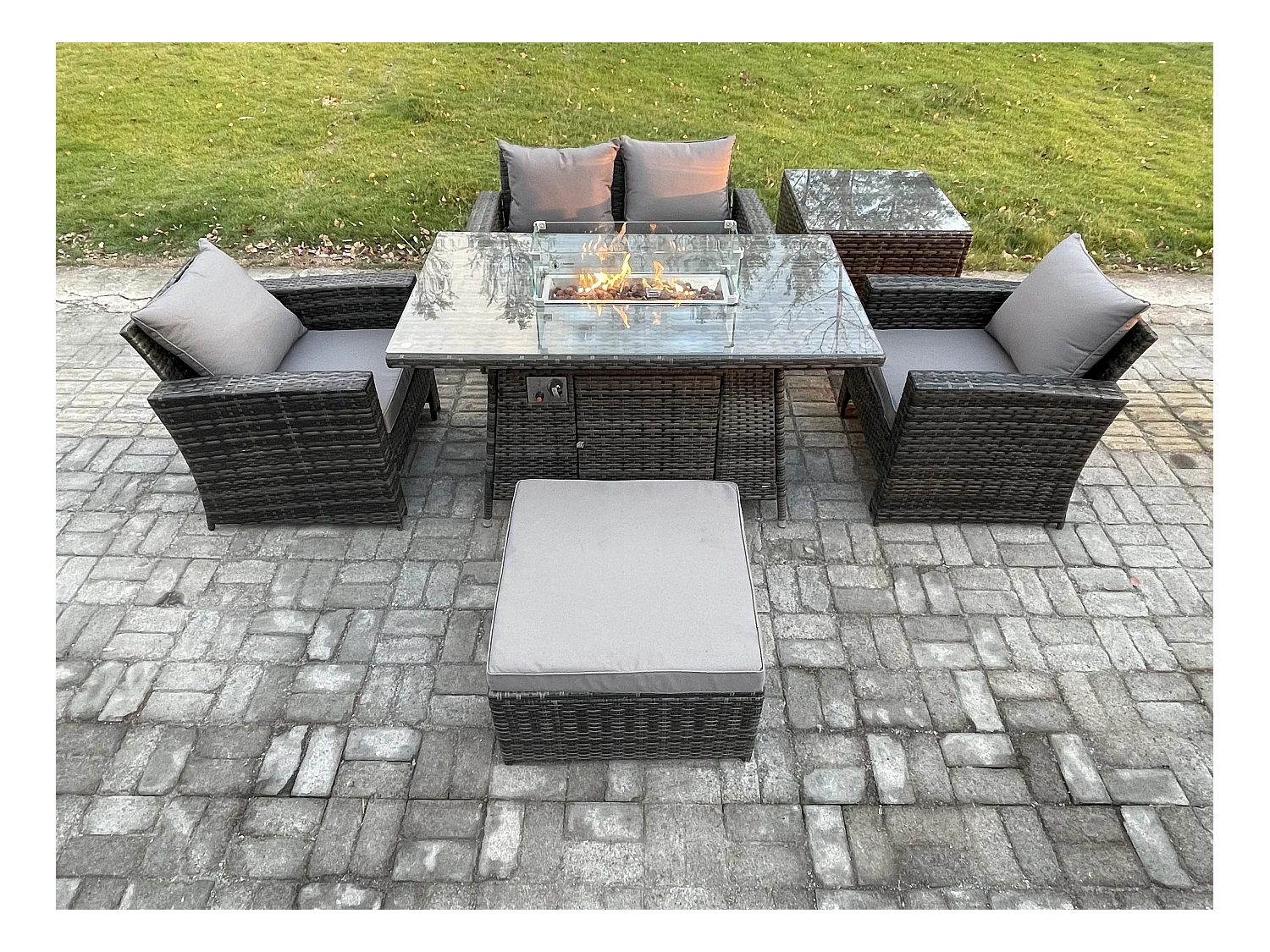 5-Sitzer Rattan Gartensofa Set Gartenmöbel Gas Feuerstelle Esstisch Heater mit Großer Fußhocker Beistelltische Dunkelgrau Gemischt