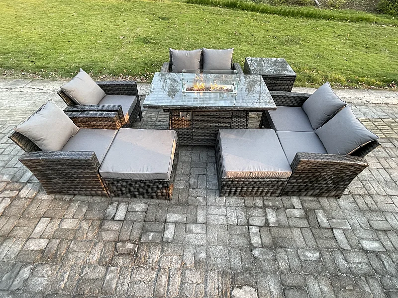 Gartenmöbel-Set im Freien 8 Stücke Polyrattan Möbel Gas Feuerstelle Esstisch Sofa Set mit 2 Großer Fußhocker Beistelltische Dunkelgrau Gemischt