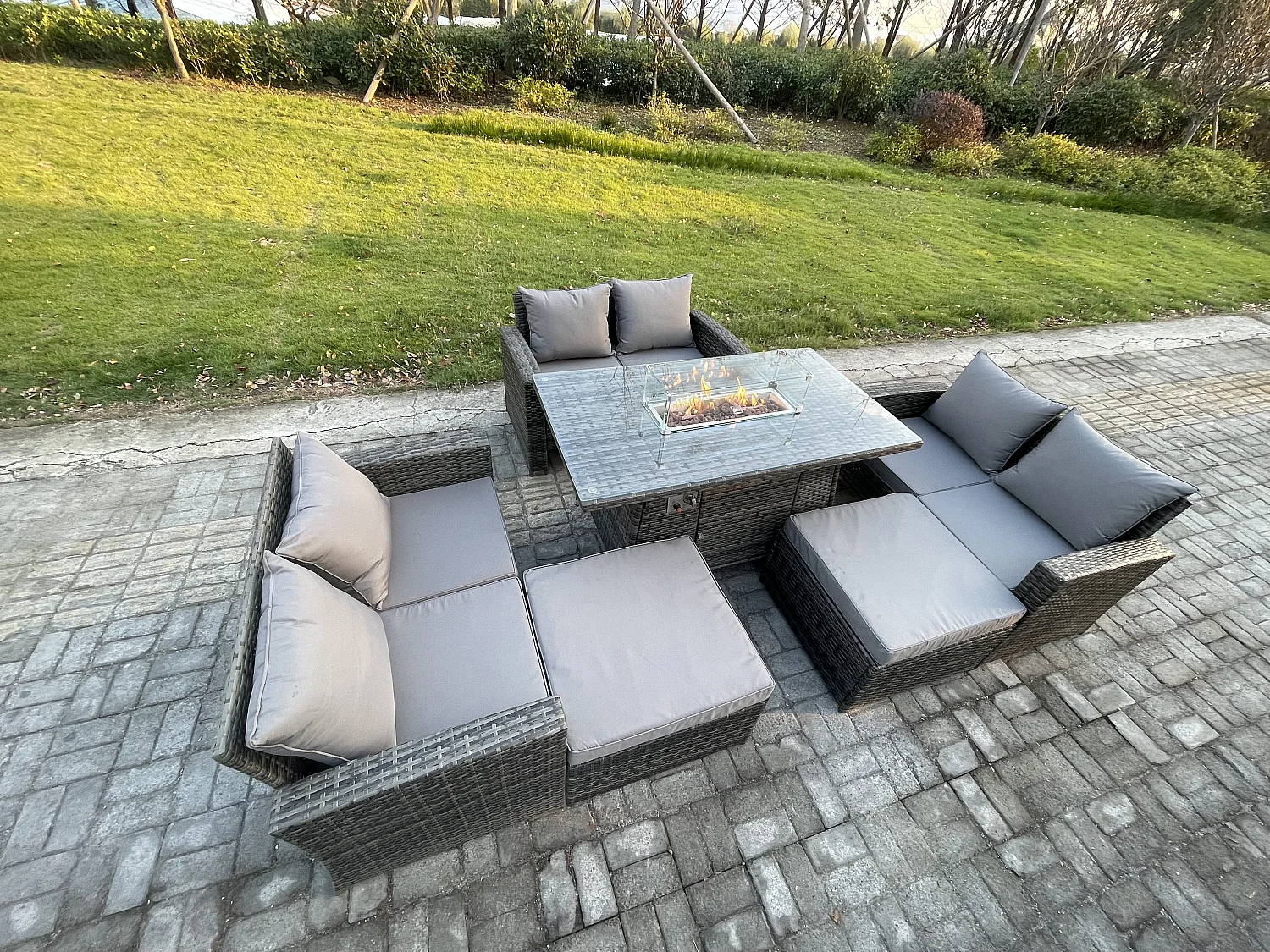 Polyrattan Gartenmöbel Set Garten Sofa im Freien Stuhl Gasfeuerstelle Esstisch Set mit 2 Großer Fußhocker Doppelsitz-Sofa Sessel