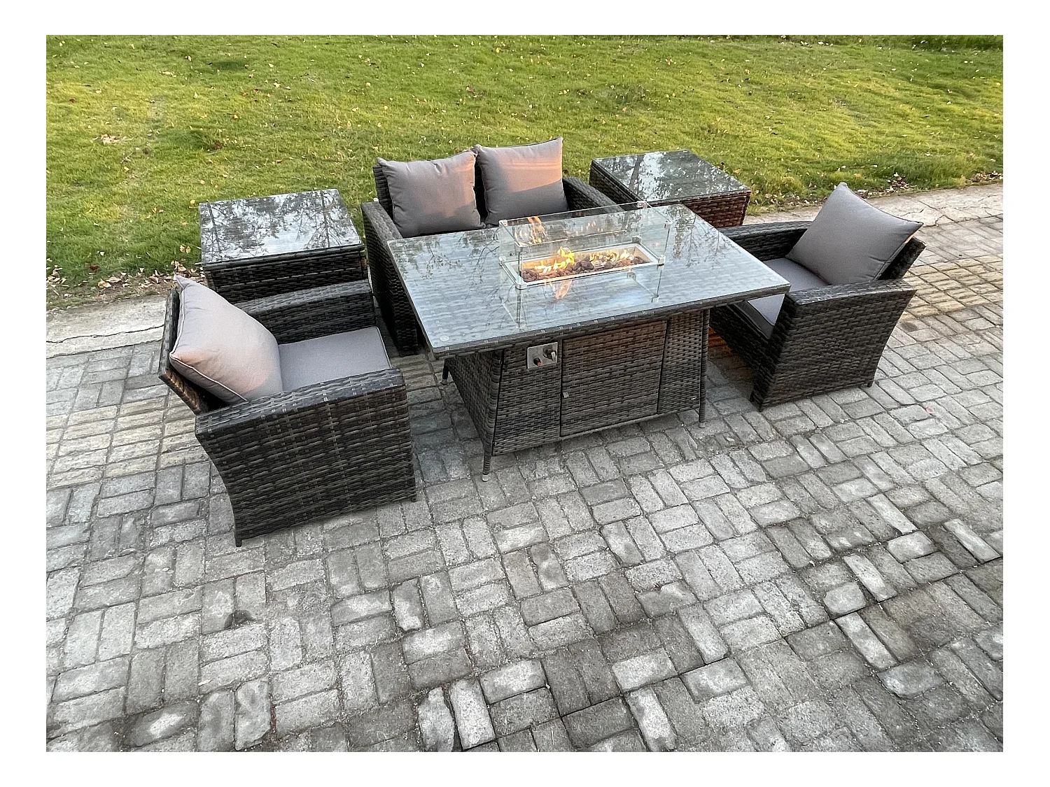 Rattan Gartensofa Set Gartenmöbel Gas Feuerstelle Esstisch Heater mit 2 Beistelltische Dunkelgrau Gemischt