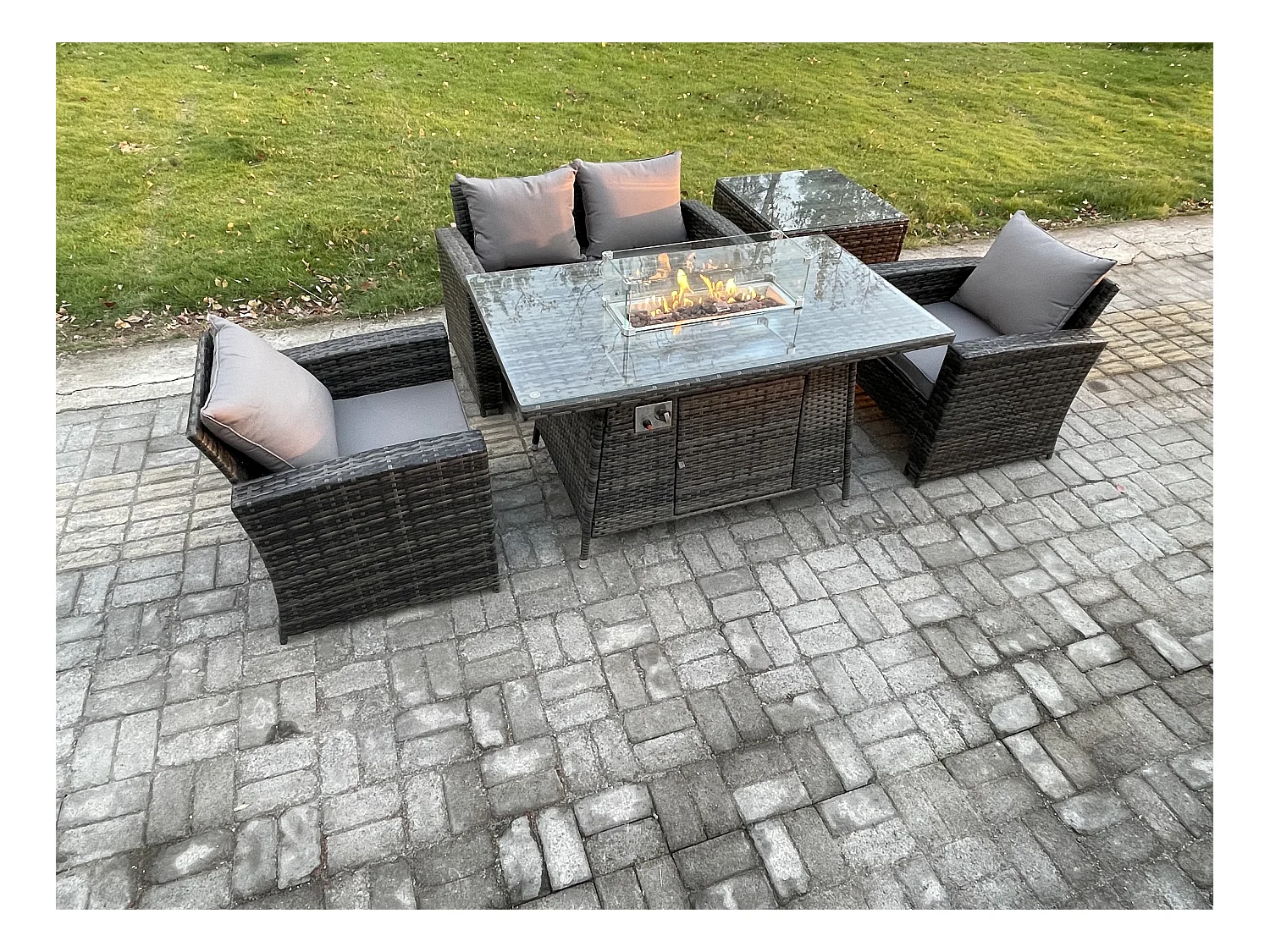 4-Sitzer Rattan Gartensofa Set Gartenmöbel Gas Feuerstelle Esstisch Heater mit Beistelltische Dunkelgrau Gemischt