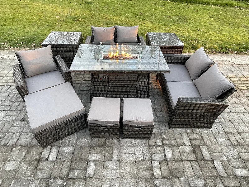 8-Sitzer Rattan Gartenmöbel im Freien Gas Feuerstelle Tisch Sets Gasheizgerät mit Liebes-Sofa Stuhl 3 Hocker 2 Beistelltische Dunkelgrau Gemischt