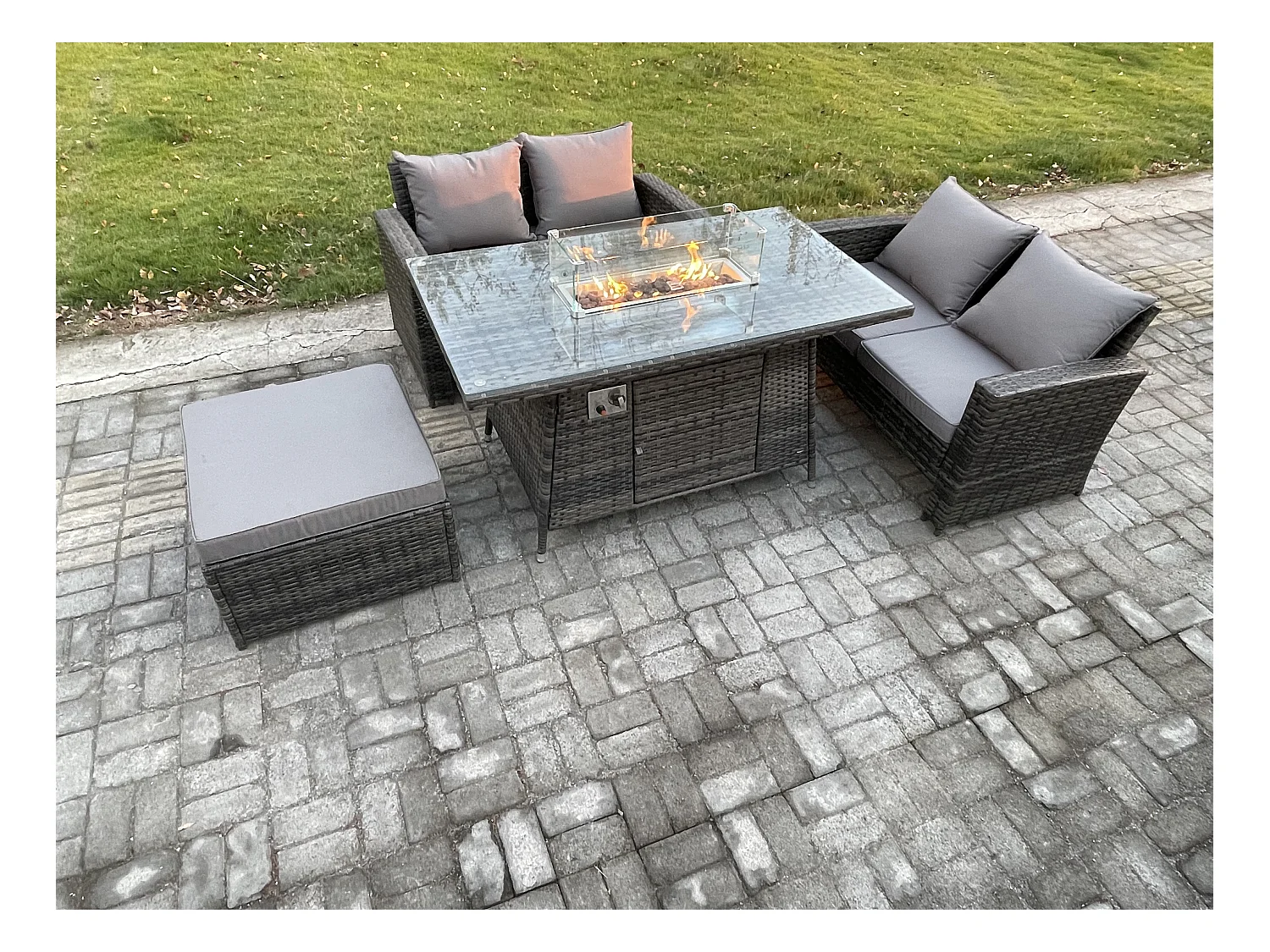 4 pièces Mobilier de jardin extérieur en rotin Foyer à gaz Table à manger Canapé Set