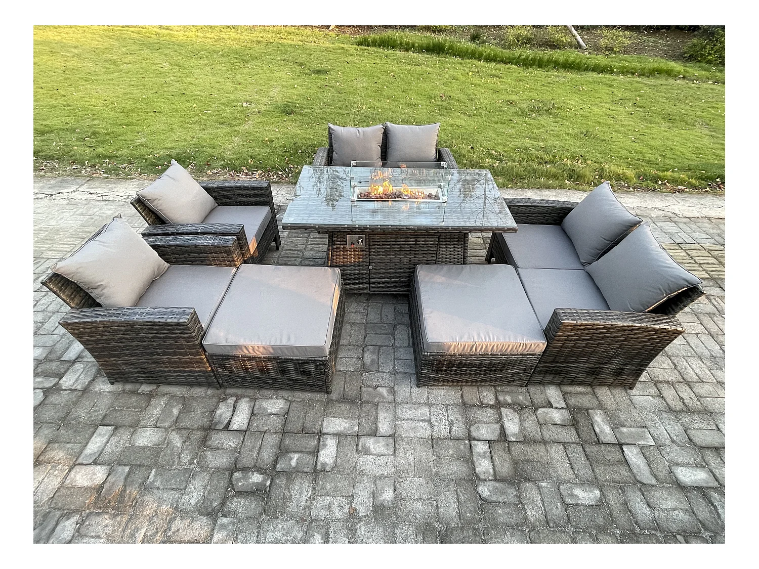 8 Places Ensemble de meubles de jardin en rotin Canapé Chaise Table de foyer à gaz Set