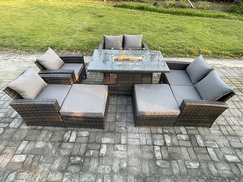 8 Places Ensemble de meubles de jardin en rotin Canapé Chaise Table de foyer à gaz Set