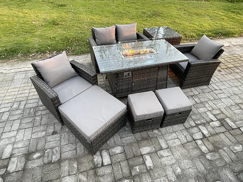 7-Sitzer Rattan Gartensofa Set Gartenmöbel Gas Feuerstelle Esstisch mit 3 Hocker Beistelltische Dunkelgrau Gemischt
