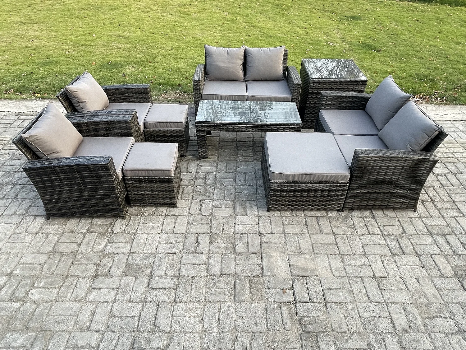 9-Sitzer Dunkelgrau Gemischt Hoher Rücken Rattan Sofa Set Couchtisch Gartenmöbel Sitzgruppe mit Liebes-Sofa Lehnstuhl 3 Hocker Beistelltische