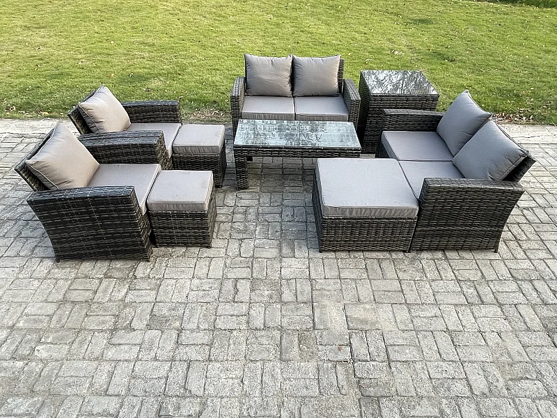 9-Sitzer Dunkelgrau Gemischt Hoher Rücken Rattan Sofa Set Couchtisch Gartenmöbel Sitzgruppe mit Liebes-Sofa Lehnstuhl 3 Hocker Beistelltische