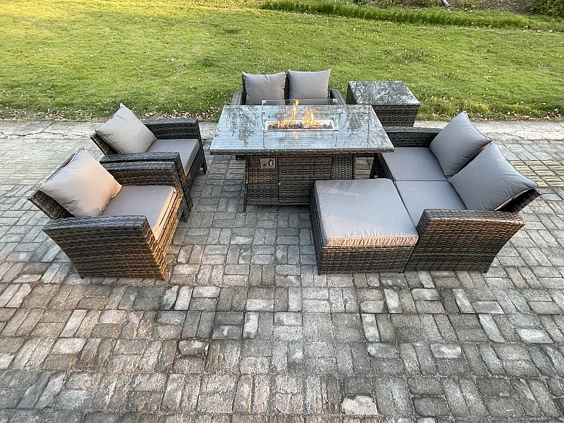 Polyrattan Gartenmöbel Set 7-Sitzer Gas Feuerstelle Esstisch Heater Set mit Doppelsitz-Sofa Beistelltische Großer Fußhocker Dunkelgrau Gemischt