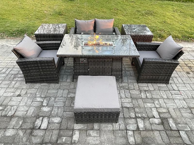 5 Places Rotin Canapé de jardin Set Meubles de jardin Foyer à gaz Table à manger