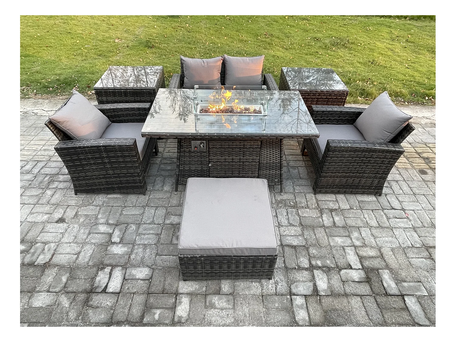 5-Sitzer Rattan Gartensofa Set Gartenmöbel Gas Feuerstelle Esstisch mit 2 Beistelltische Großer Fußhocker Dunkelgrau Gemischt