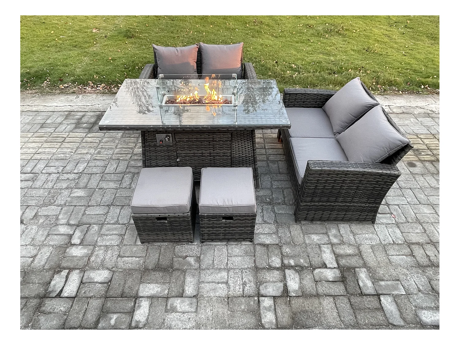 5 pièces Mobilier de jardin extérieur en rotin Foyer à gaz Table à manger Canapé Set