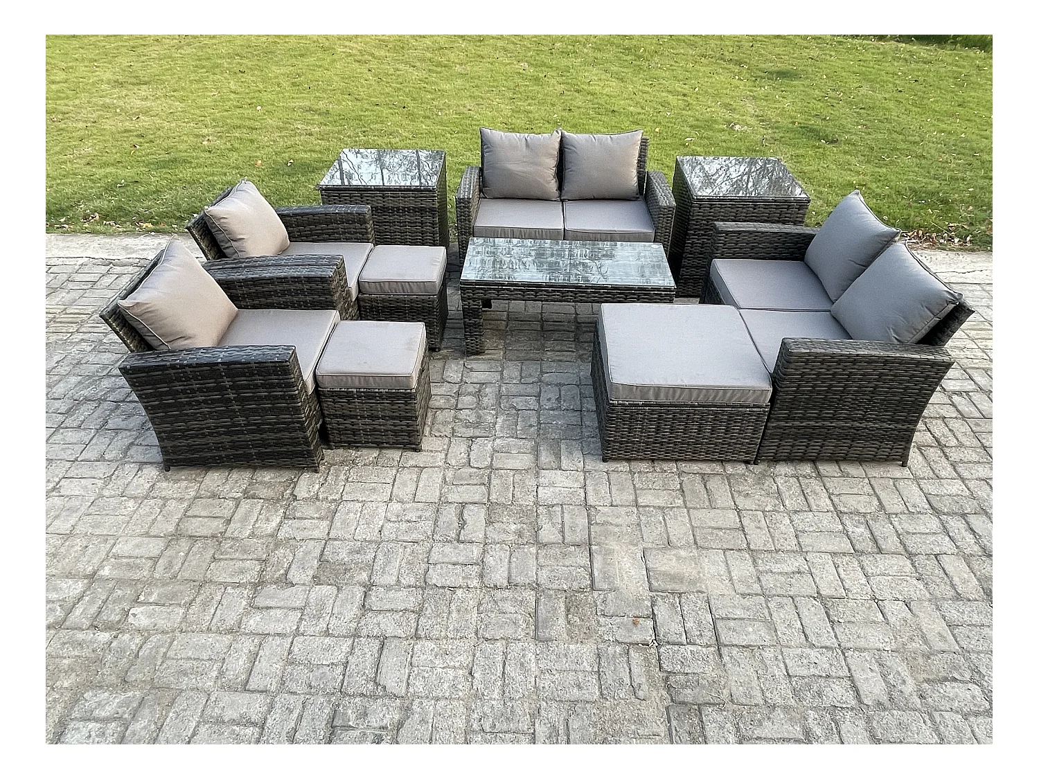 9-Sitzer Dunkelgrau Gemischt Hoher Rücken Rattan Sofa Set Couchtisch Gartenmöbel Sitzgruppe mit Liebes-Sofa Lehnstuhl 3 Hocker 2 Beistelltische
