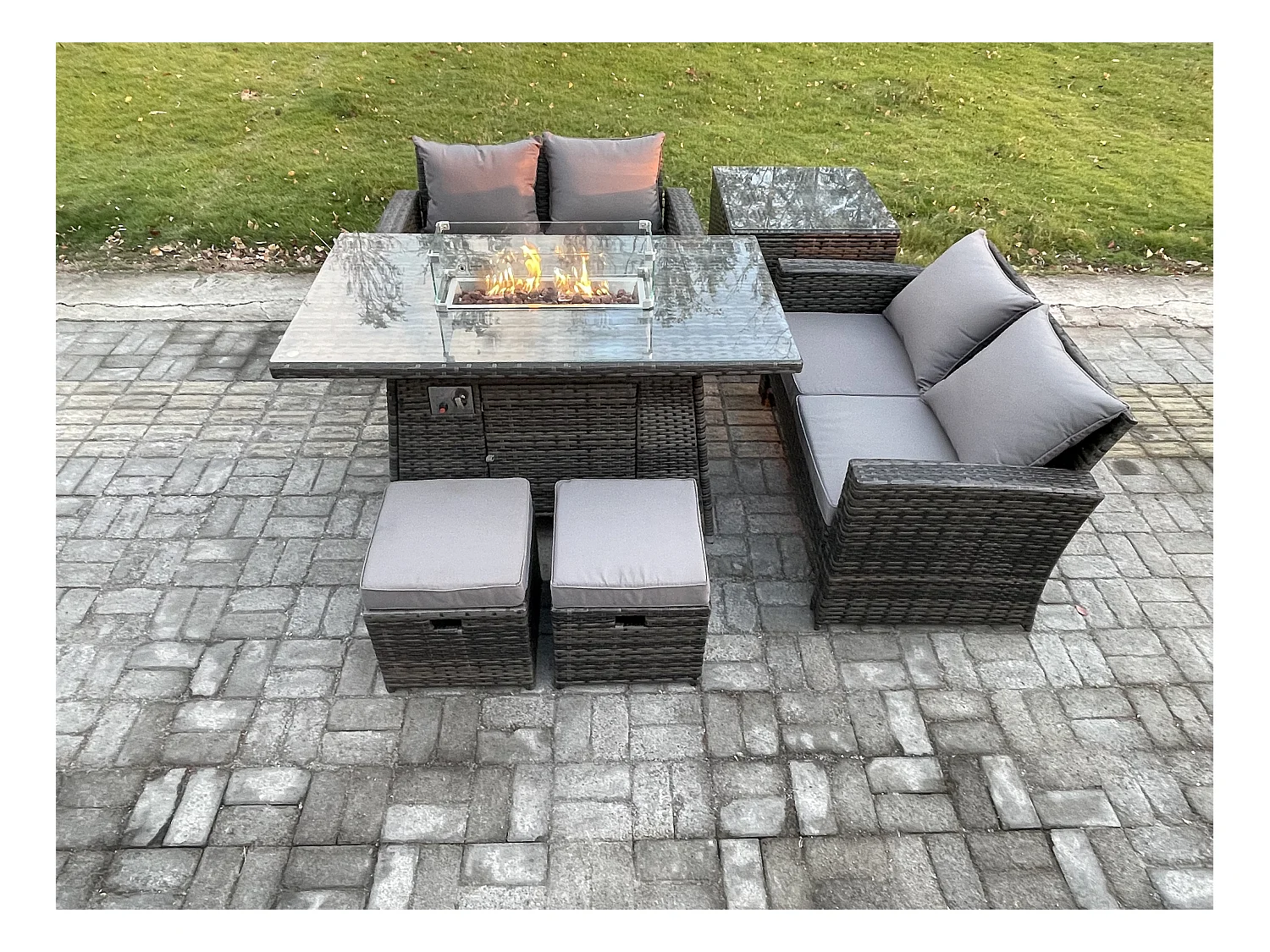 6 pièces Mobilier de jardin extérieur en rotin Foyer à gaz Table à manger Canapé Set Petit Tabouret