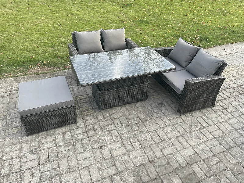 4 Stücke Gartenmöbel Set Sitzgruppe im Garten und Balkon Einstellbare Höhe Esstisch Sofa Set mit Großer Fußhocker