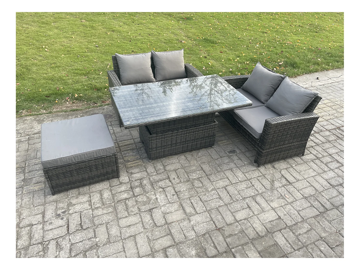 4 Stücke Gartenmöbel Set Sitzgruppe im Garten und Balkon Einstellbare Höhe Esstisch Sofa Set mit Großer Fußhocker