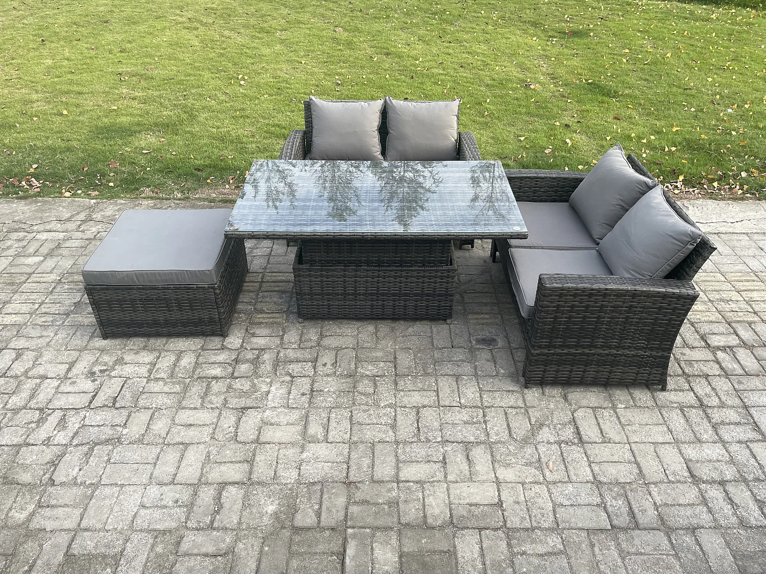 4 Stücke Gartenmöbel Set Sitzgruppe im Garten und Balkon Einstellbare Höhe Esstisch Sofa Set mit Großer Fußhocker