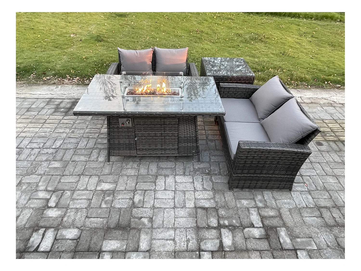 4 Stücke Gartenmöbel Set Polyrattan Sitzgruppe Gas Feuerstelle Esstisch Sofa Set für Garten Dunkelgrau Gemischt