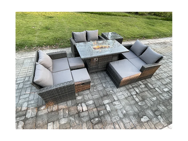 Hoher Rücken Rattan Gartenmöbel Sets mit Outdoor-Möbel Gas Feuerstelle Esstisch Set 3 Hocker Beistelltische Dunkelgrau Gemischt