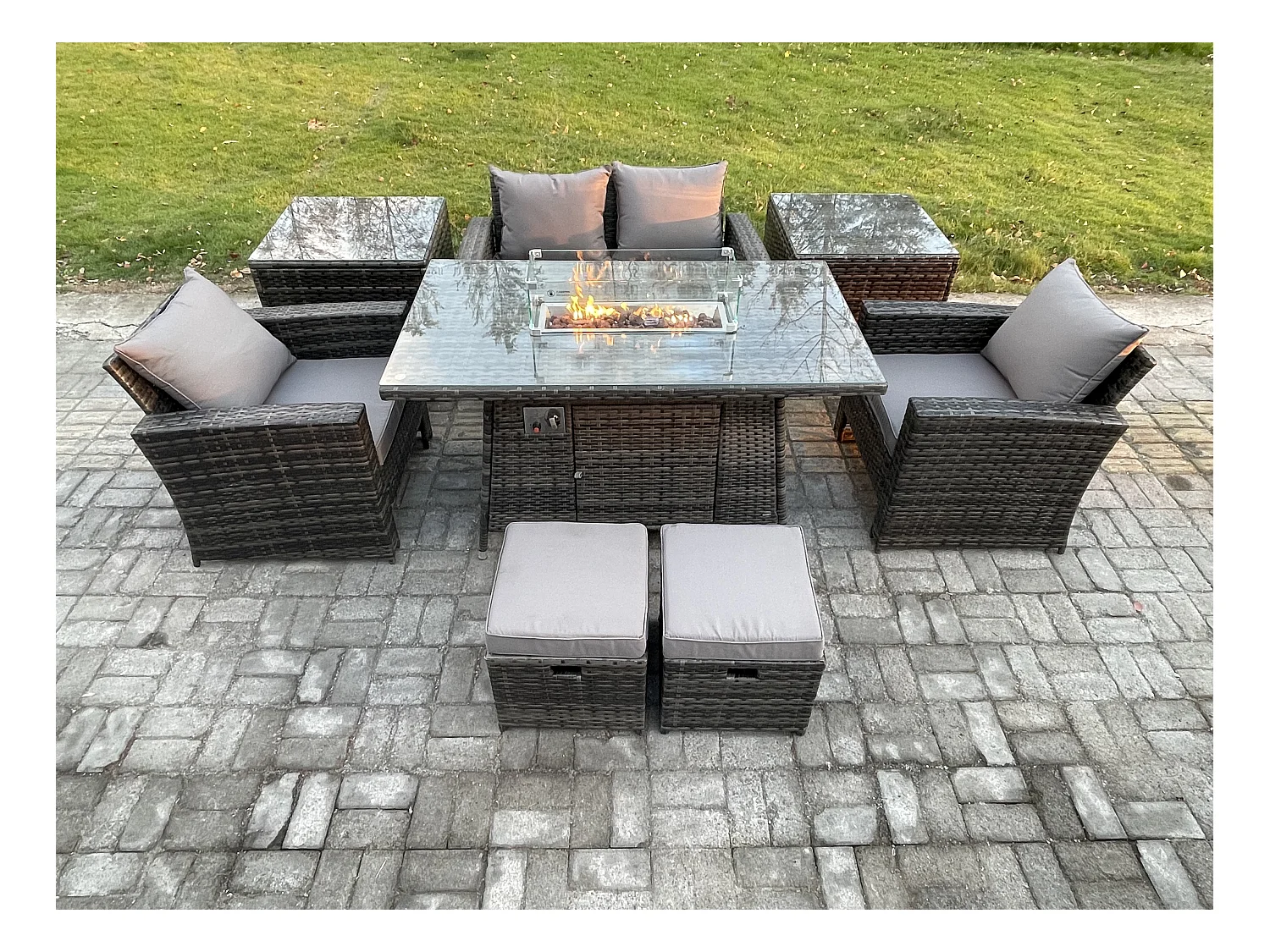 Meubles de Jardin en rotin 6 Places ave Table de foyer à gaz 2 Petit Tabouret 2 Table d'appoint