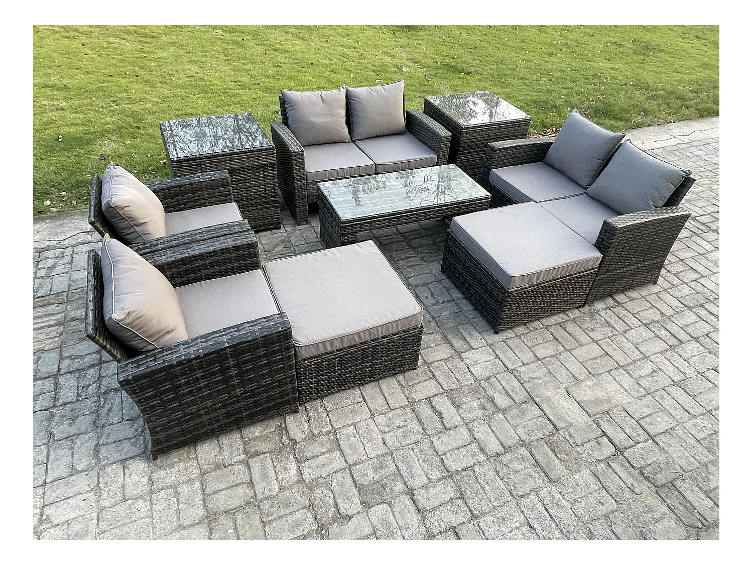 8-Sitzer Rattan Gartenmöbel Set Garten Sofa Set mit Stuhls 2 Beistelltische 2 Großer Fußhocker Couchtisch Dunkelgrau Gemischt