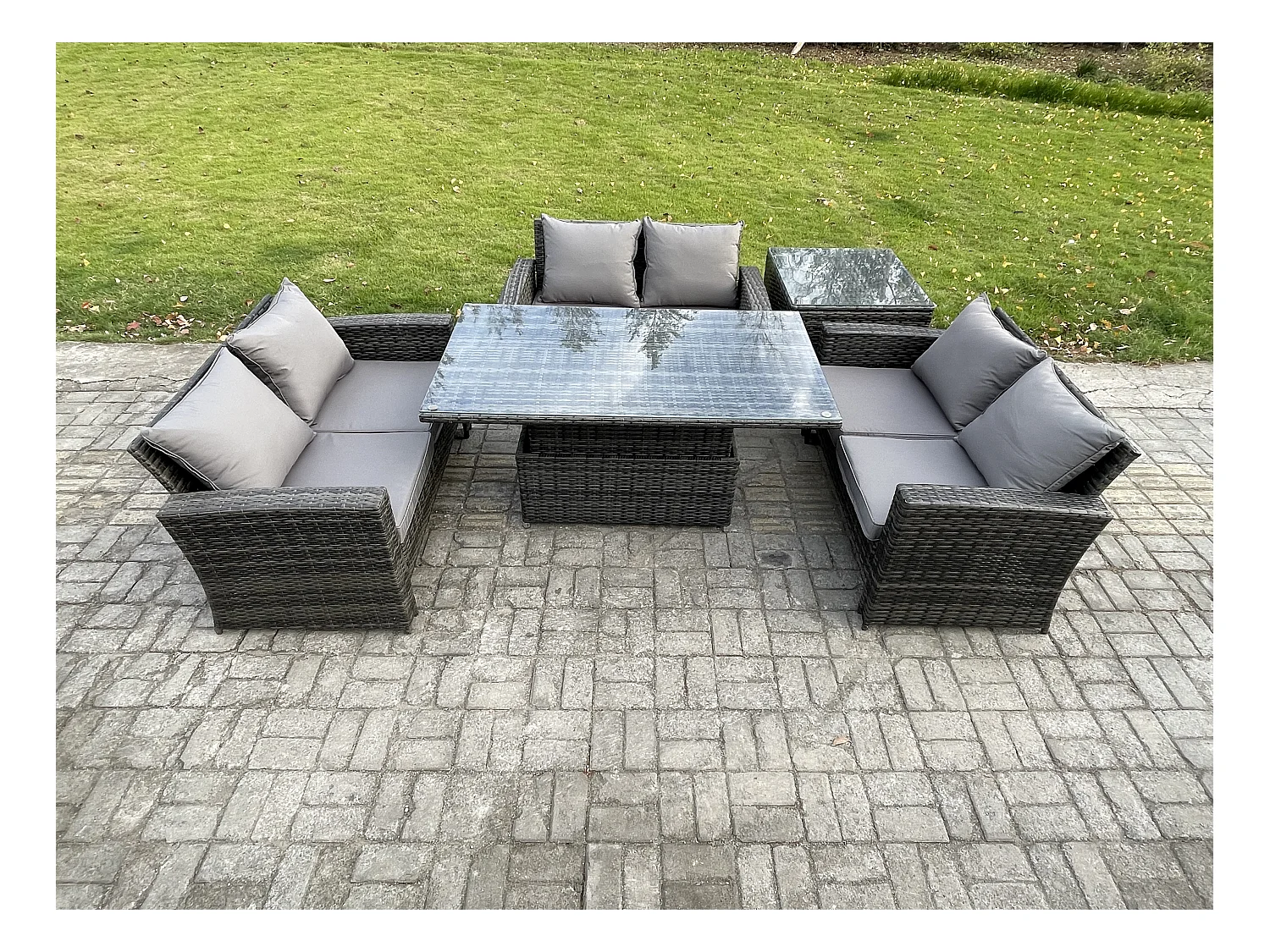 6-Sitzer Rattan Gartenmöbel Sitzgruppe mit Einstellbare Höhe Esstisch Doppelsitz-Sofa Beistelltische