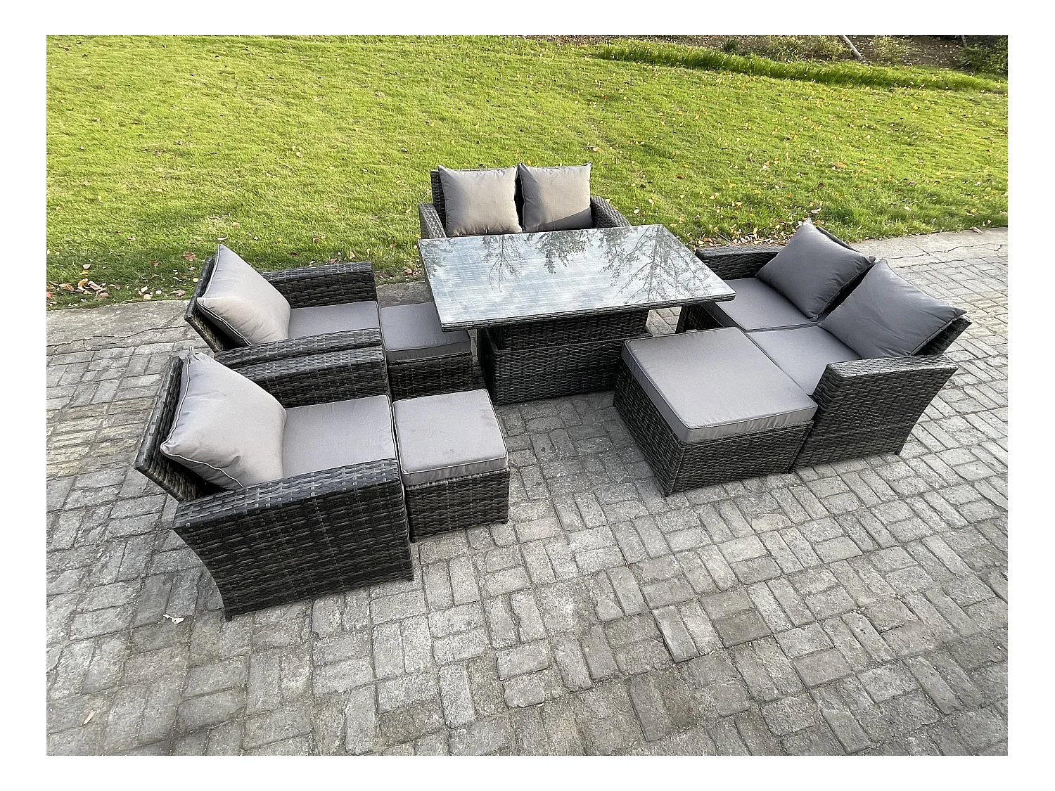 Gartenmöbel-Set im Freien 8 Stücke Polyrattan Möbel Sofa Esstisch Set mit 3 Hocker Dunkelgrau Gemischt
