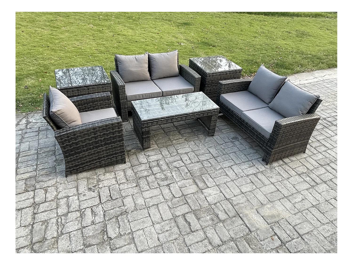6pcs Rattan Gartenmöbel im Freien Sofa Set mit Couchtisch 2 Beistelltische Dunkelgrau Gemischt