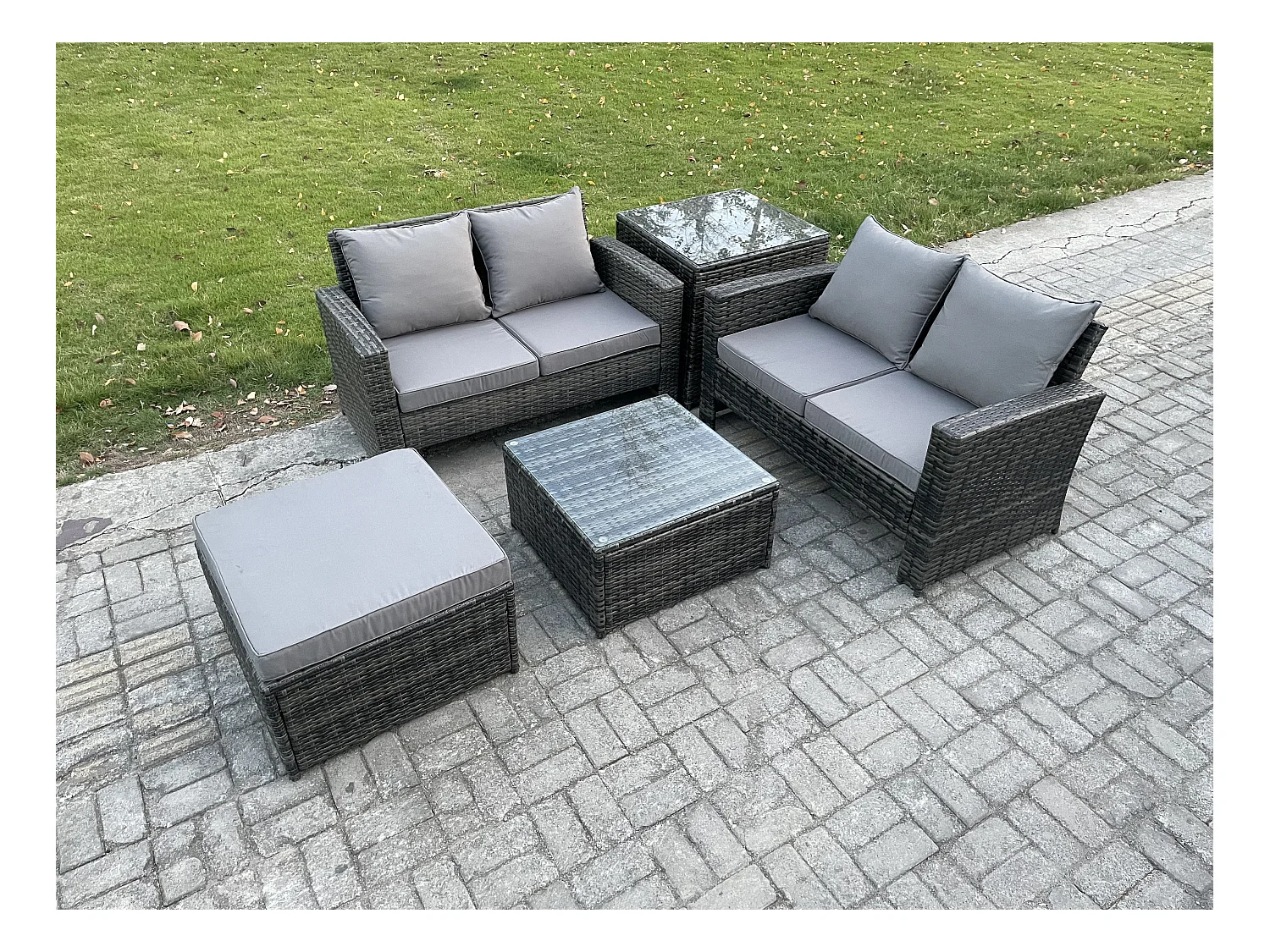 Polyrattan Gartenmöbel Set 5 Stück Patio Rattanmöbel enthält 2 Doppelsitz-Sofa, Couchtisch, Großer Fußhocker and Beistelltische