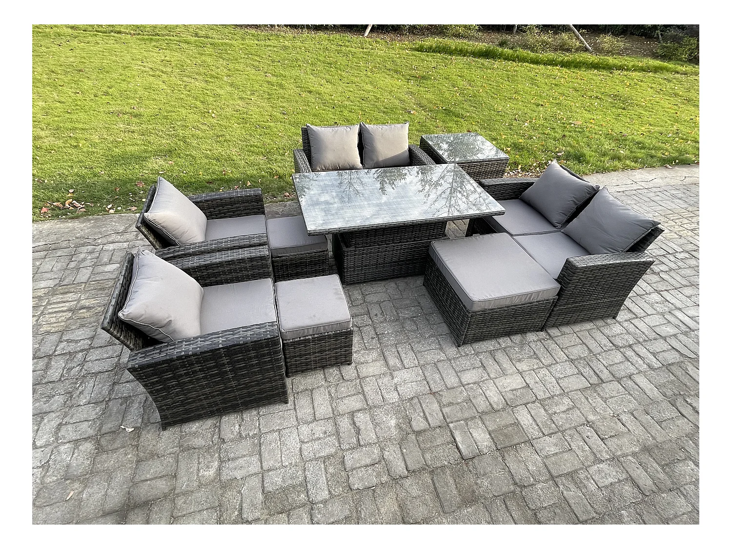 Gartenmöbel-Set im Freien 9 Stücke Polyrattan Möbel Sofa Esstisch Set mit 3 Hocker Beistelltische Dunkelgrau Gemischt