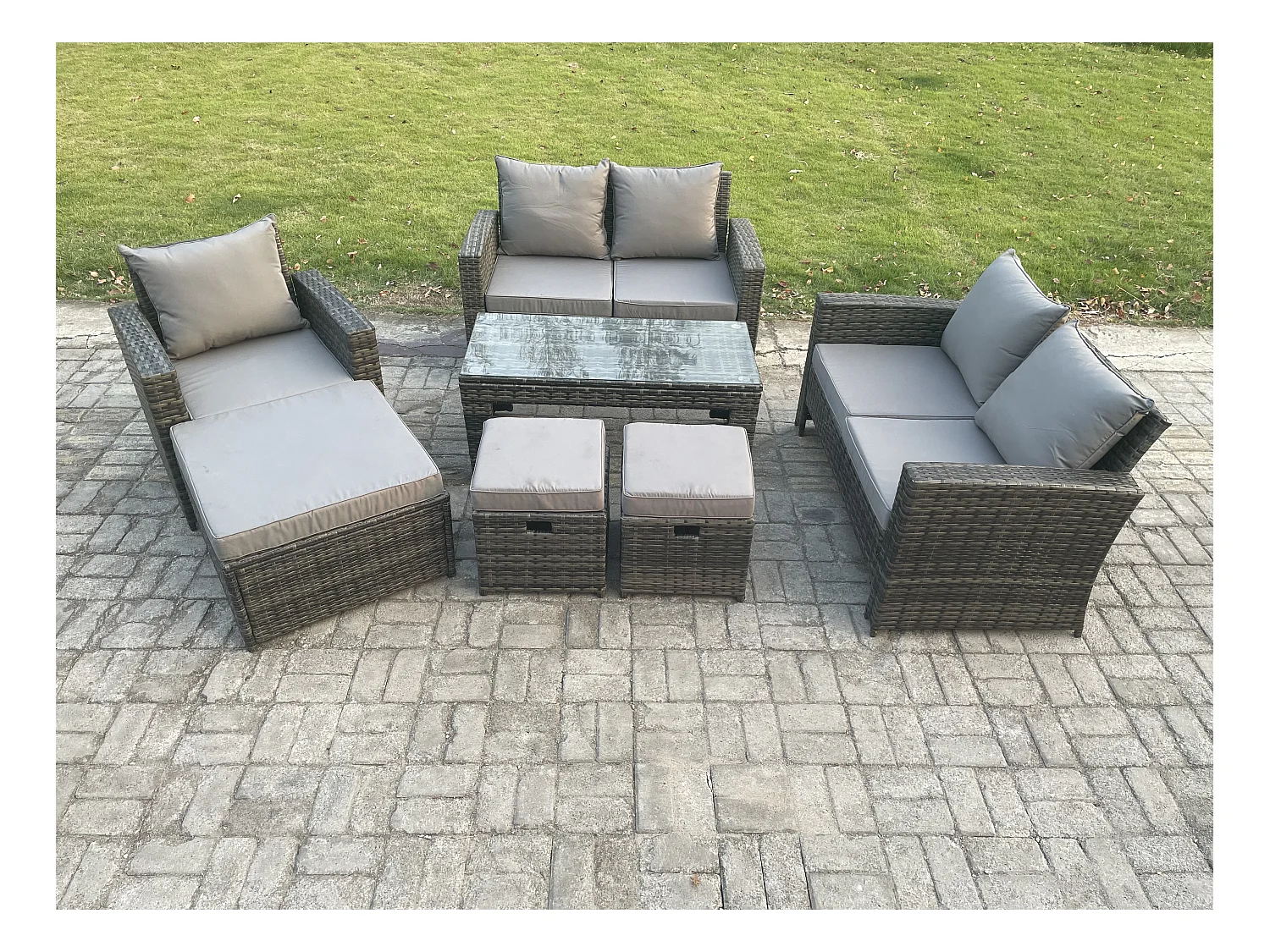 Rattan Gartenmöbel Set Garten Sofa Set mit 3 Hocker Couchtisch Dunkelgrau Gemischt
