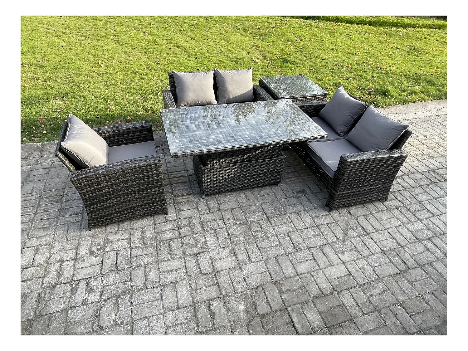 5pcs Ensemble de meubles de jardin en rotin ave Table à manger réglable en hauteur