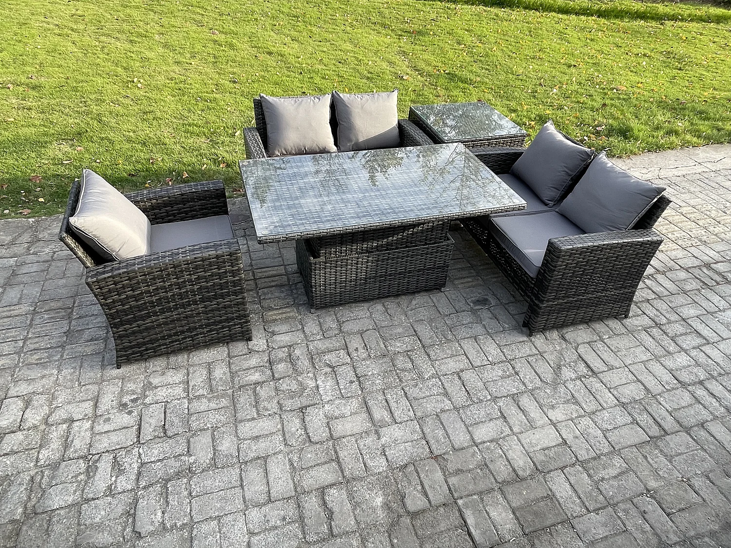 5pcs Rattan Gartenmöbel im Freien Set Einstellbare Höhe Esstisch Sofa Set mit Beistelltische Dunkelgrau Gemischt