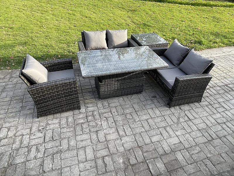 5pcs Rattan Gartenmöbel im Freien Set Einstellbare Höhe Esstisch Sofa Set mit Beistelltische Dunkelgrau Gemischt