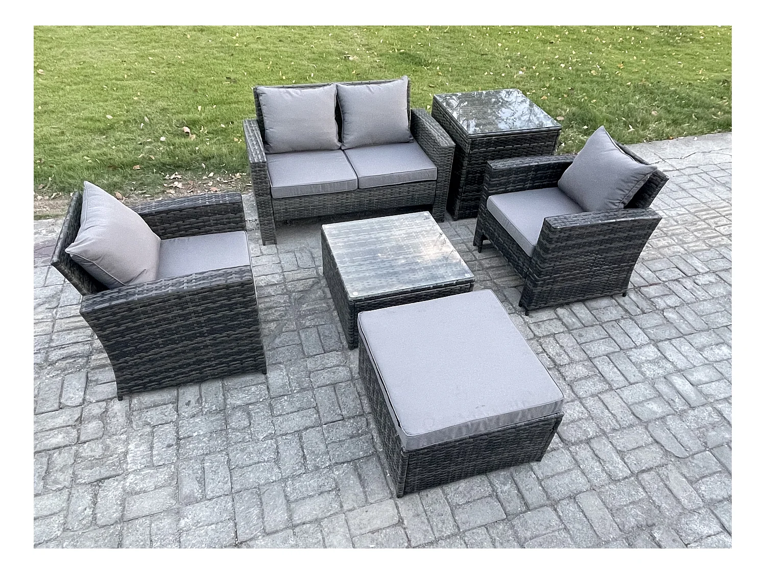 6 PCS Garten Lounge Set Polyrattan Gartenmöbel Set mit Stuhl Quadratisch Couchtisch Doppelsitz-Sofa Großer Fußhocker Beistelltische Dunkelgrau Gemischt