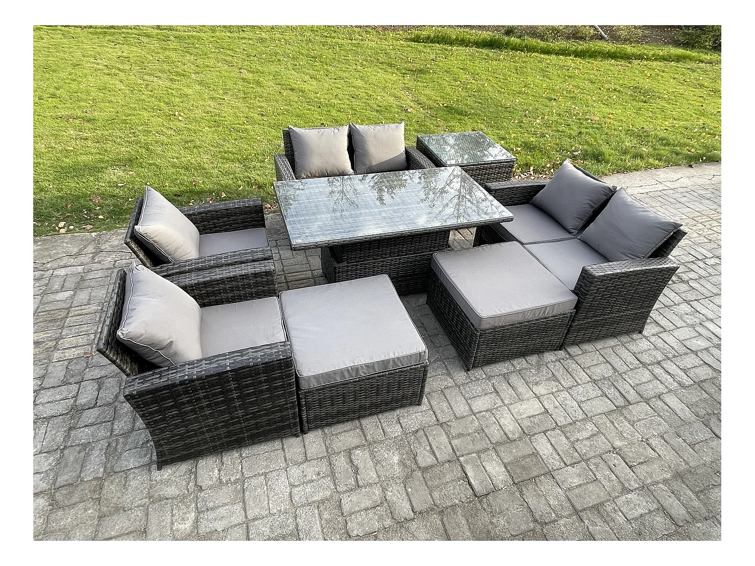 Meubles de Jardin en rotin 8 pièces Ensemble canapé et table à manger ave 2 Grand Tabouret