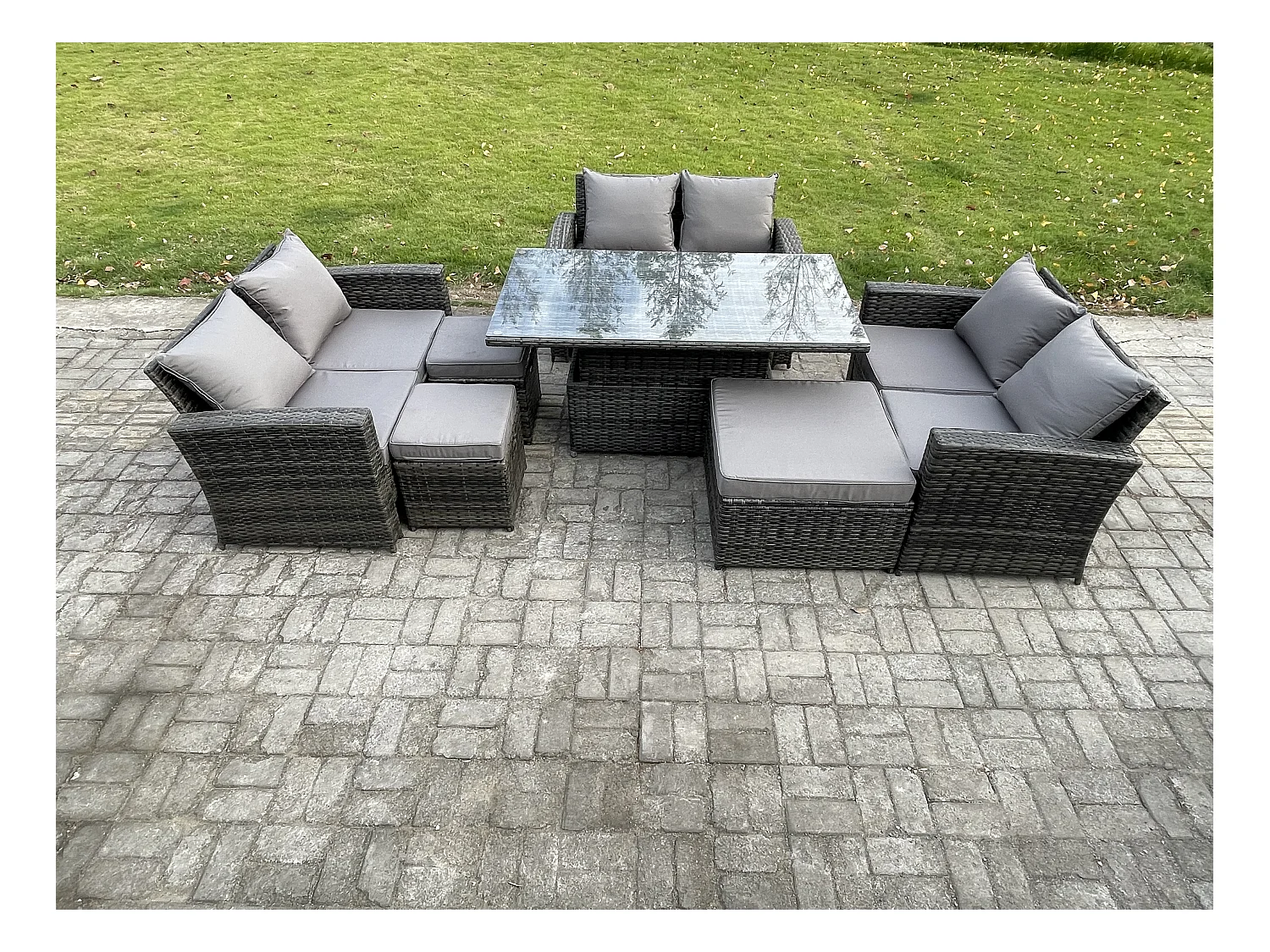 Polyrattan Gartenmöbel Set Einstellbare Höhe Esstisch Sofa Set mit Doppelsitz-Sofa 3 Hocker Dunkelgrau Gemischt