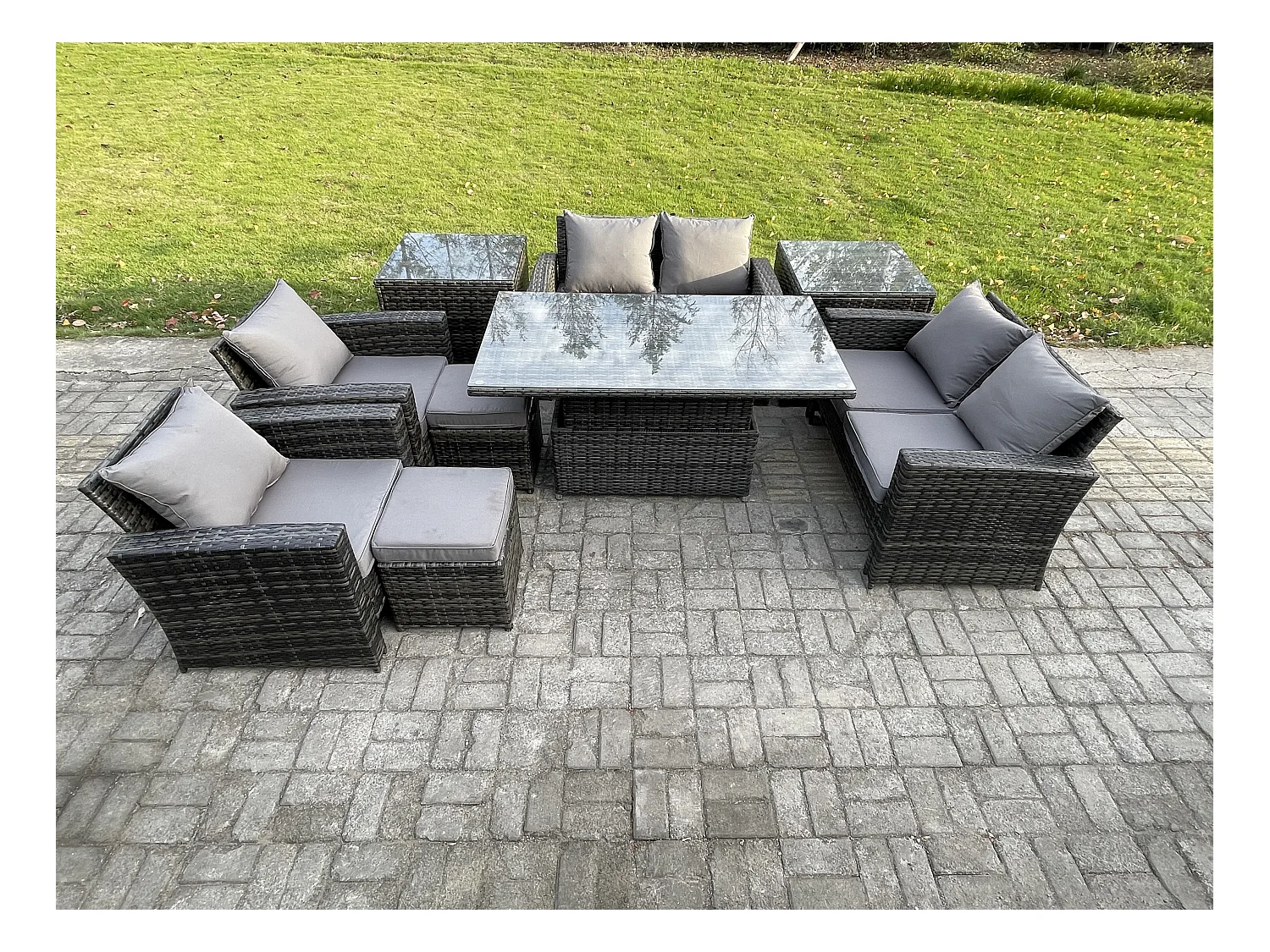 Gartenmöbel-Set im Freien 9 Stücke Polyrattan Möbel Sofa Esstisch Set mit 2 Kleiner Fußhocker 2 Beistelltische Dunkelgrau Gemischt