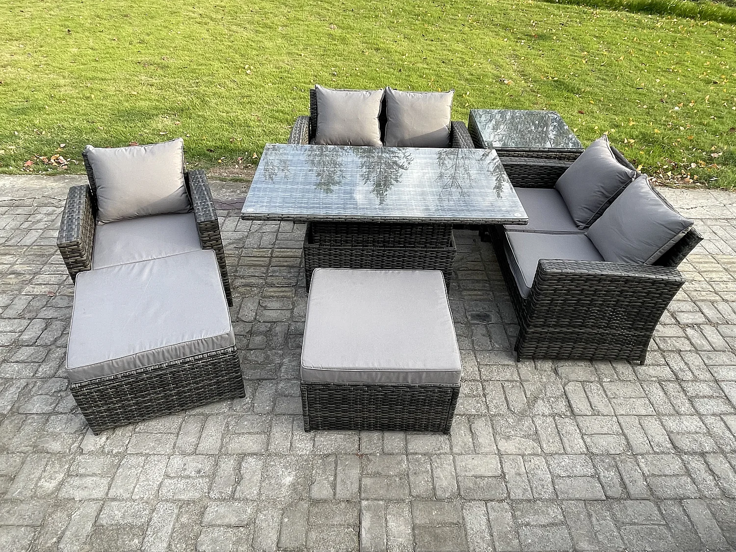 7-Sitzer Rattan Gartenmöbel Set Garten Einstellbare Höhe Esstisch Sofa Set mit Beistelltische 2 Großer Fußhocker Dunkelgrau Gemischt