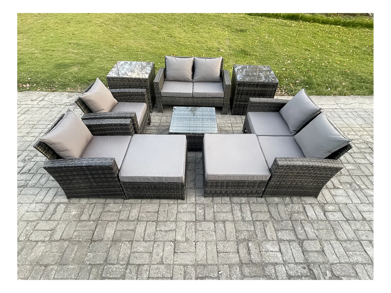 Meubles de Jardin en rotin 9 pièces ave 2 Grand Tabouret 2 Table d'appoint Gris foncé