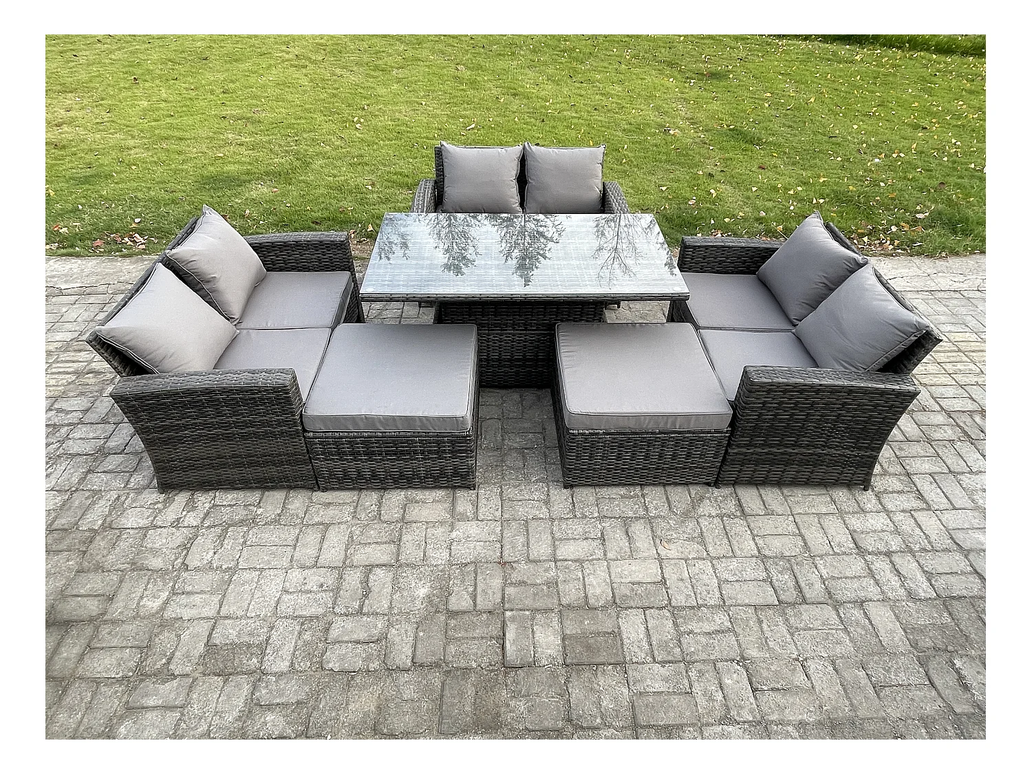 8-Sitzer Polyrattan Gartenmöbel Einstellbare Höhe Esstisch Set mit 2 Großer Fußhocker Doppelsitz-Sofa Dunkelgrau Gemischt