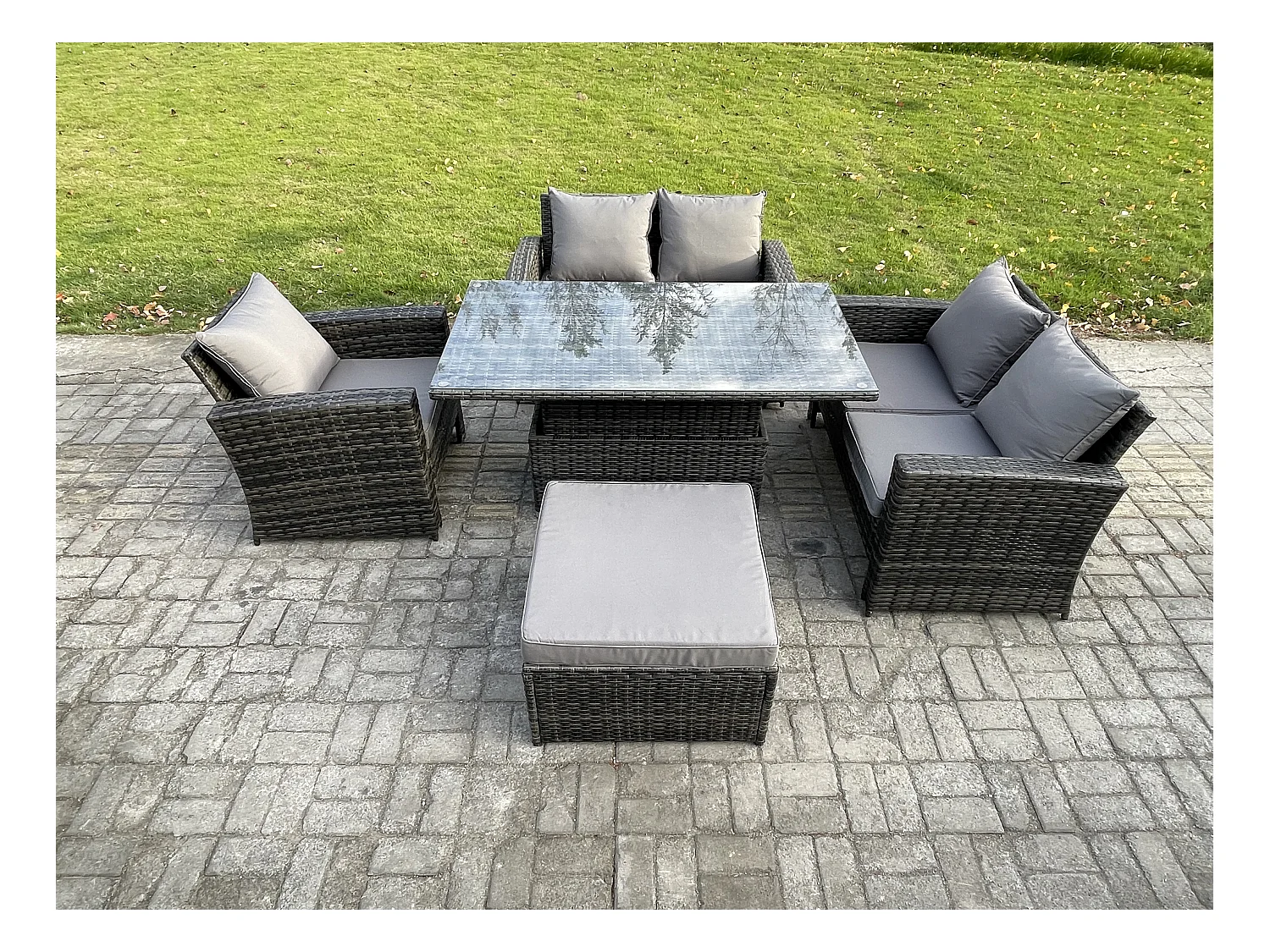 5pcs Ensemble de meubles de jardin en rotin ave Table à manger réglable en hauteur Gris foncé