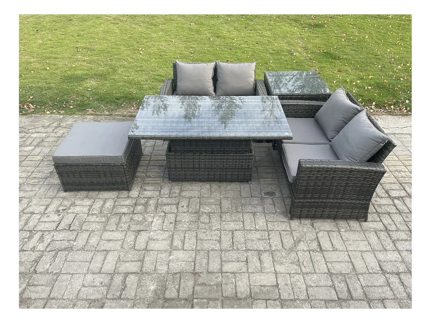 5 Stücke Gartenmöbel Set Sitzgruppe im Garten und Balkon Einstellbare Höhe Esstisch Sofa Set mit Beistelltische Großer Fußhocker