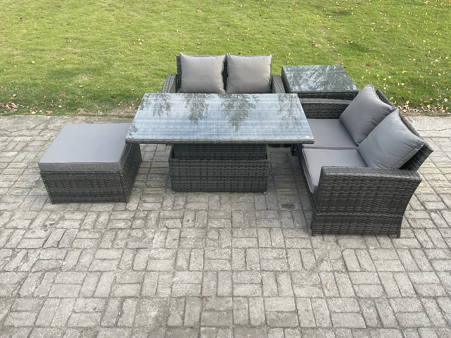 5 Stücke Gartenmöbel Set Sitzgruppe im Garten und Balkon Einstellbare Höhe Esstisch Sofa Set mit Beistelltische Großer Fußhocker