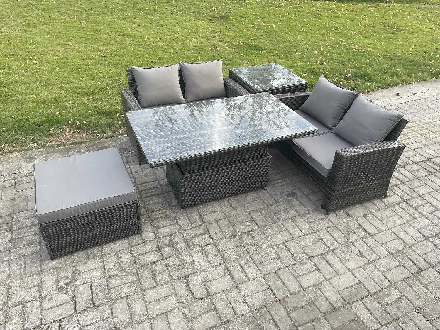 5 Stücke Gartenmöbel Set Sitzgruppe im Garten und Balkon Einstellbare Höhe Esstisch Sofa Set mit Beistelltische Großer Fußhocker