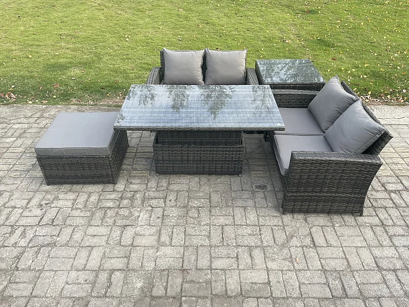 5 Stücke Gartenmöbel Set Sitzgruppe im Garten und Balkon Einstellbare Höhe Esstisch Sofa Set mit Beistelltische Großer Fußhocker