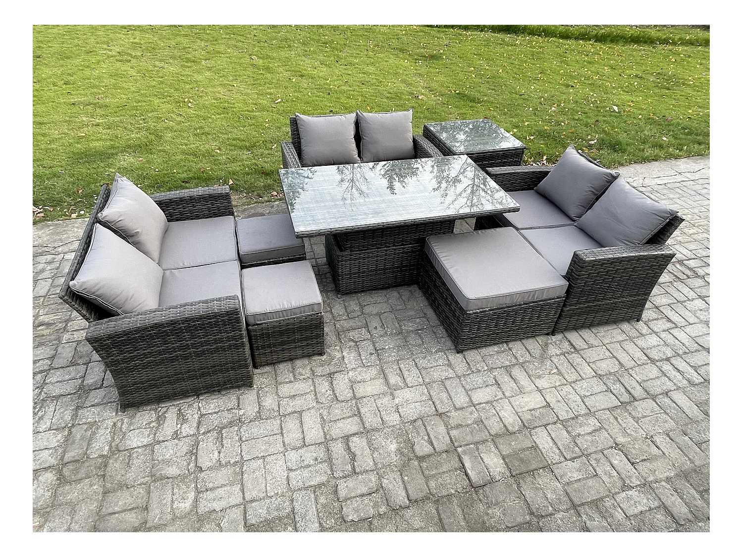 Polyrattan Gartenmöbel Set Einstellbare Höhe Esstisch Sofa Set mit Doppelsitz-Sofa 3 Hocker Beistelltische Dunkelgrau Gemischt