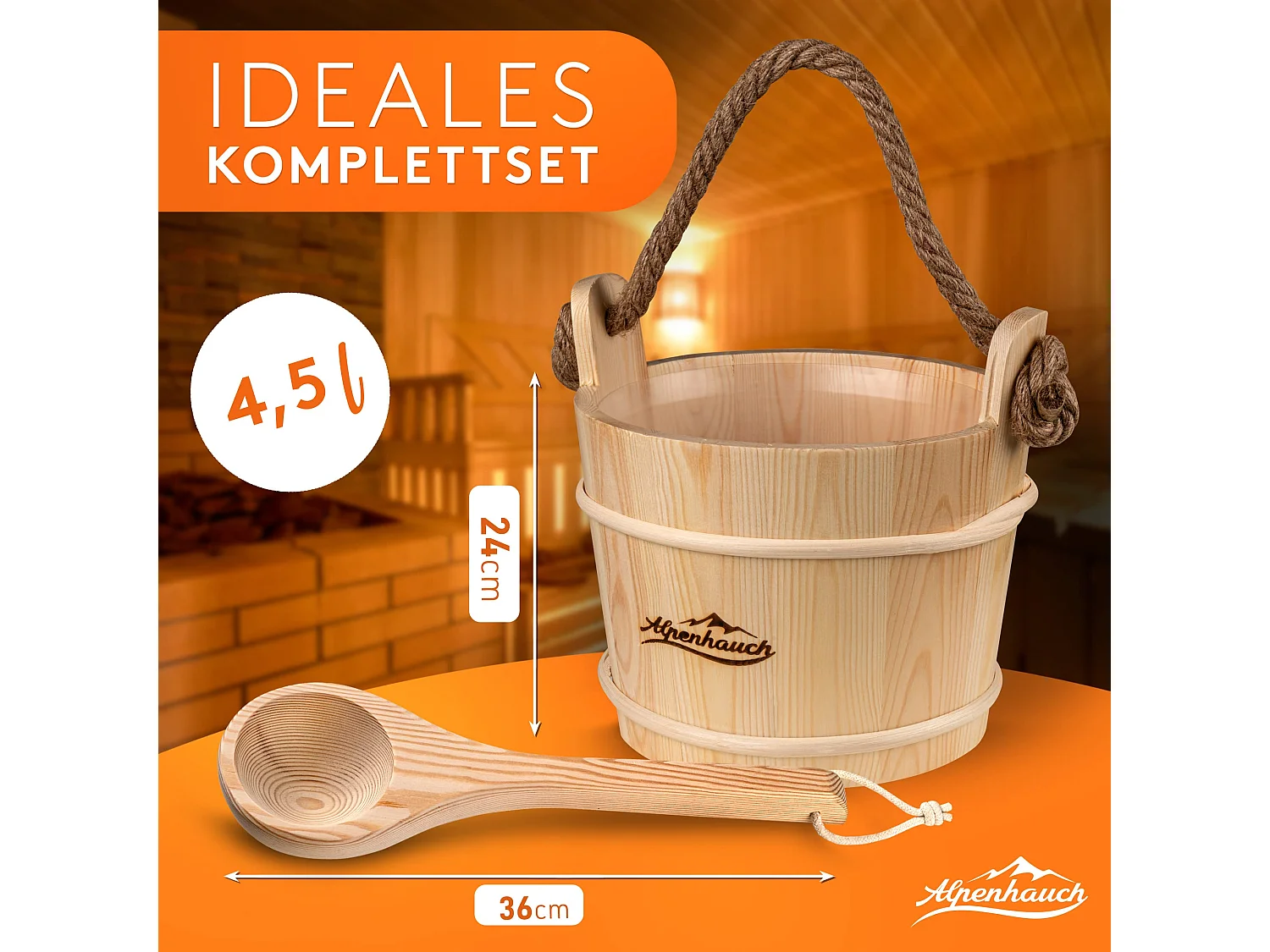 ALPENHAUCH Sauna Eimer mit Kelle [100% Naturholz]