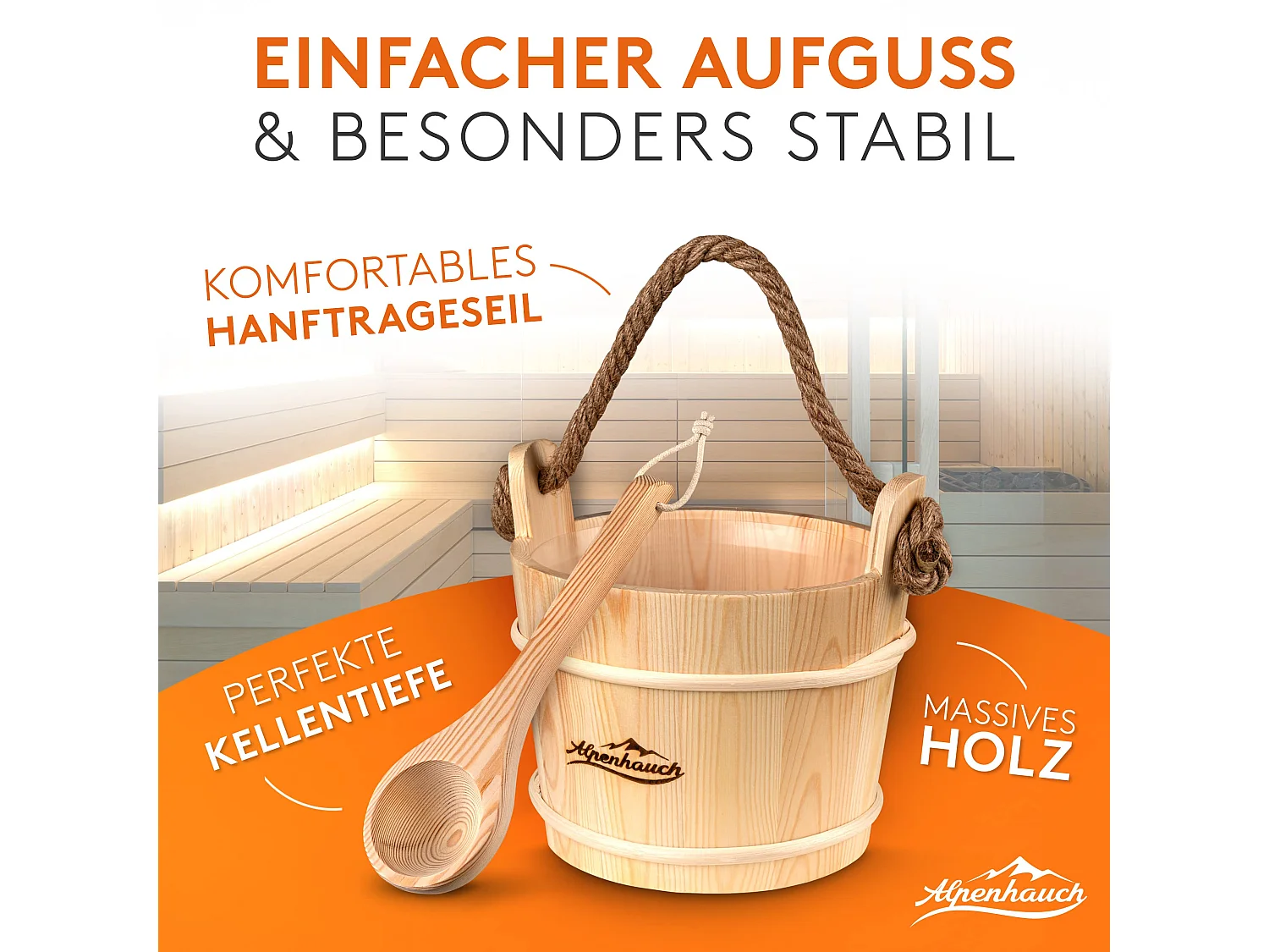 ALPENHAUCH Sauna Eimer mit Kelle [100% Naturholz]